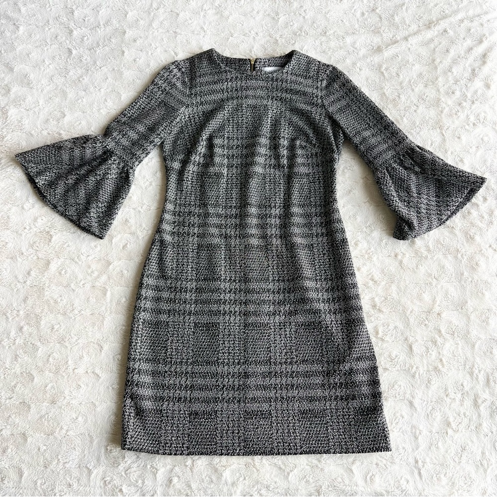 Calvin Klein Dress Womens 4 Black Bell Sleeve Plaid Knit Houndstooth Formal Prep